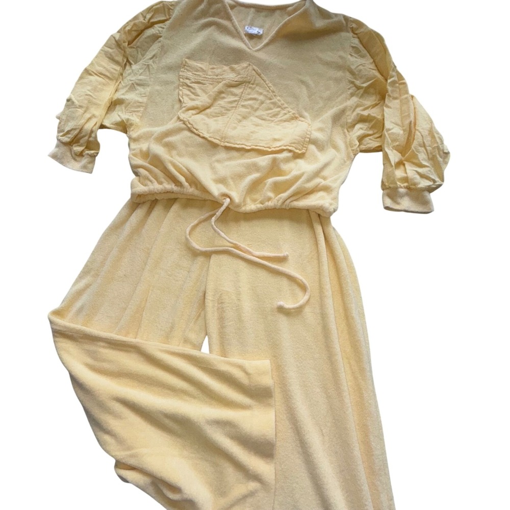 Gina Terry Cloth Set L Yellow Drawstring Wide Leg Retro 70's 80's Loungewear